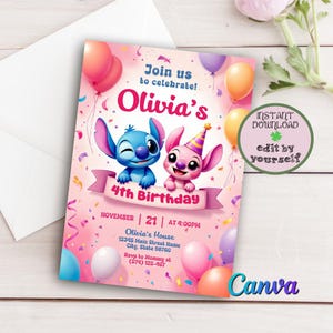 Stitch and Angel Birthday Invitation, Stitch Birthday Party, Kids Party Invite, Printable Digital Download, Editable Canva Template, Evite