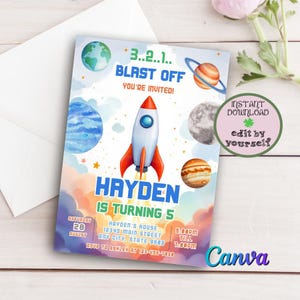Planeten Rakete Astronaut Einladung, bearbeitbare Weltraum Geburtstagseinladungsvorlage, Galaxieeinladung, Weltraum einladen, Canva