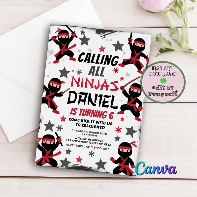 Editable Ninja Birthday Invitation, Lets Kick, Ninja Party Invitation Template, Karate Boys ...