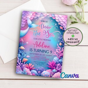 Faire-part d'anniversaire modifiable queue de sirène, invitation de fête d'anniversaire sous la mer, modèle de toile d'invitation anniversaire fille sirène Bash