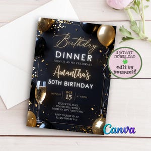 Invito modificabile per cena di compleanno con champagne, invito nero glamour oro, festa di compleanno per adulti, anniversario di compleanno per donne, modello Canva