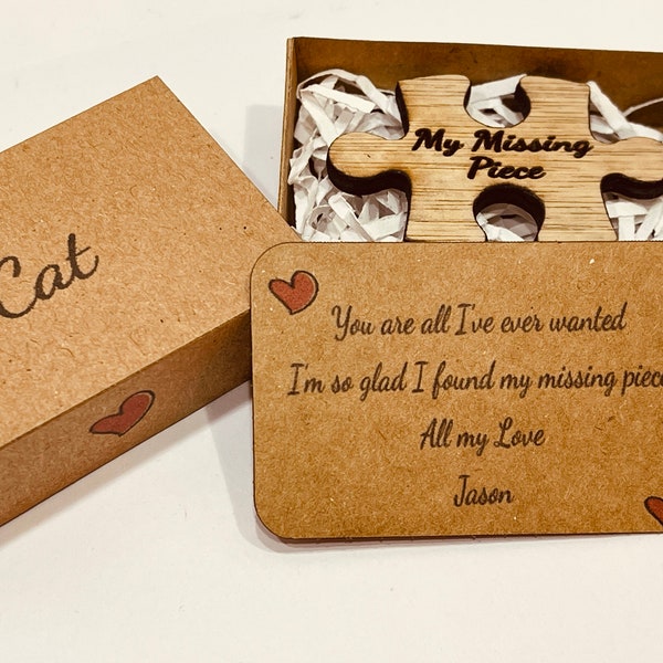 Wooden My Missing Piece Jigsaw. Unique Valentines gift in custom printed box, with card message. for the one you love boyfriend girlfriend