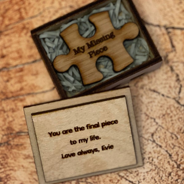 Personalised "My Missing Piece" Jigsaw Piece. Presented in Wooden Box Box, Quality 4mm Oak veneer jigsaw piece