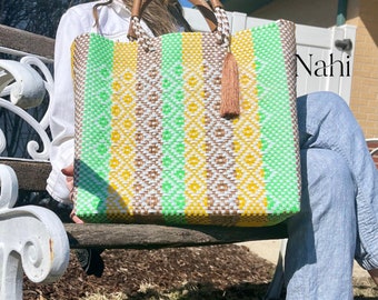 Mexican Artisanal Handbag Tote (lined inside).Recycled Plastic Bags.Mexican Handwoven Plastic Tote. Summer Bag. Mexican Purse.