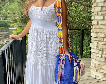 Mexican Morral Bag, Handmade Crochet Purse Bag, Crossbody Bags, Mochila Bag, Summer Bag, Hand Knit Bag with Tassels. Handmade gift