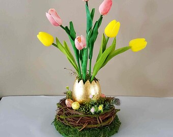 Easter flowers arrangement, Easter tulips centerpiece for table, Gold eggs decoration, Handmade easter decor