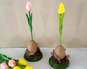 Paasdecoratie op tafel, Decoratieve jute paaseieren, Boerderij paaseieren, Pasen Decor-Tulpen