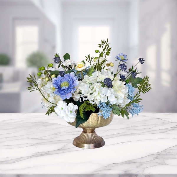 Blue Floral Arrangement, Table Flower Centerpiece, Modern Home Decor, Faux Floral Arrangement