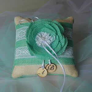 Turquoise Burlap ring pillow, Rustic weddings ring bearer cushion 7&quot;x7&quot;, Custom Personalize Initial Ornament