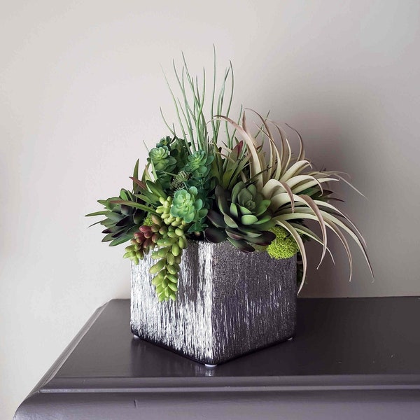 Faux Succulent Arrangement, Faux plants, Succulent Centerpiece, Silver cooper vase centerpieces