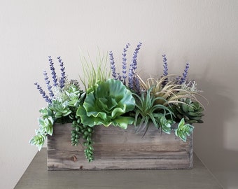 lavender flower arrangement, Artificial succulent decor, Rustic rectangle faux plant centerpiece, Handmade