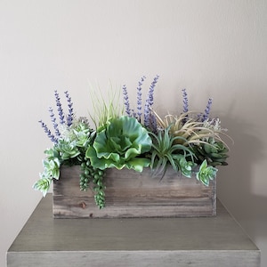 lavender flower arrangement, Artificial succulent decor, Rustic rectangle faux plant centerpiece, Handmade