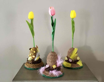 Décoration de table de Pâques, Oeufs de Pâques décoratifs en jute, Oeufs de Pâques de ferme, Décoration de Pâques-Tulipes