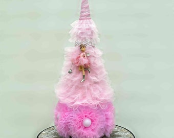 Tabletop mini Christmas pink Tree 24", Decor baby girls room,  Tulle Christmas tree, Christmas pink ornaments