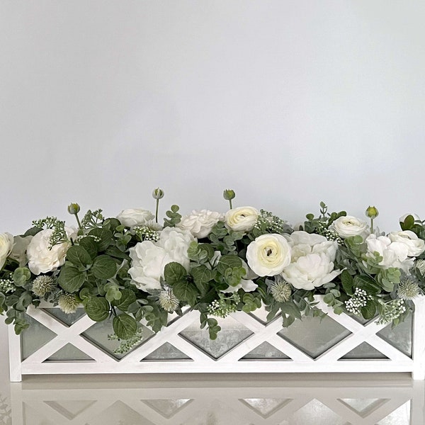 Spring White Ranunculus Arrangements, Long Planter Box with Greenery, Rustic Farmhouse Mantel Centerpiece L29"