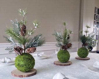 Christmas country table decor, Farmhouse winter centerpiece, Wood slice centerpiece with moss ball, Wedding decoration