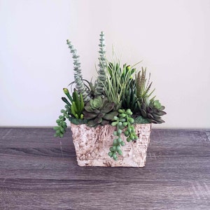 Handmade Centerpiece,  Room Table Decor, Farmhouse floral arrangement, Faux Succulents in Birch pot