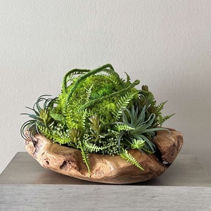 Faux succulents in natural teak wood bowl, Farmhouse accent decor on table, Fake succulent centerpiece, Artificial succulent garden
