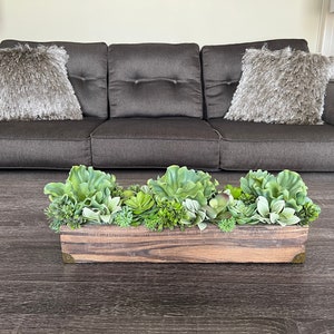 Wood Box Centerpiece, Dining Room Table Decor, Faux Succulent Arrangement in Container