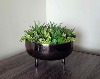 Succulent Arrangement Large, Artificial Succulents Centerpieces, Round Faux Succulent Garden in a Metal Planter