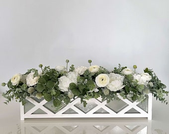 Spring White Ranunculus Arrangements, Long Planter Box with Greenery, Rustic Farmhouse Mantel Centerpiece L29&quot;