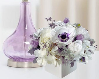 Purple Floral Centerpiece, Wedding Lavender, White Cube Vase, Options vases
