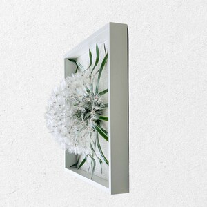May include: A white framed wall art piece featuring a preserved dandelion with green leaves. The dandelion is in full bloom and the leaves are arranged around the flower.