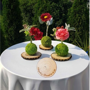 May include: Four small wooden slices with moss and artificial flowers, including a red daisy, a pink rose, and two red geraniums. The slices are arranged on a white tablecloth with a fifth slice in the center that has the text "Lyndsay & David 10.10.20"