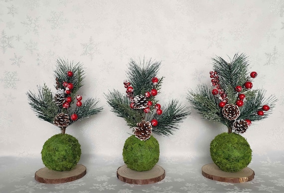 Weihnachten Tischdeko, Weihnachtsdeko, Tischdekoration, Holzscheibe Mit Mooskugel, Rote Beeren Deko