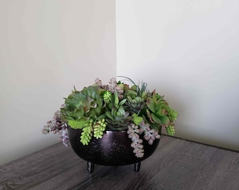 Modern Faux Succulents Centerpieces, Round Realistic Succulent Garden in a Metal Planter