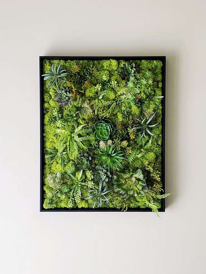 フェイク多肉植物苔壁アート、手作りプリザーブド苔壁画、苔絵黒