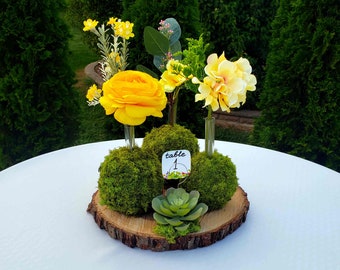 Wedding Party Centerpiece Wood Slice With Moss Ball, Wedding Decor, Rustic Home Decor, Centerpieces for Tables, Rustic Wedding Decor