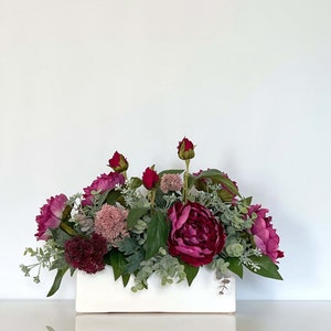 Peonies Arrangement In White Vase, Burgundy Faux Floral Centerpiece, Long floral arrangement L18&quot;