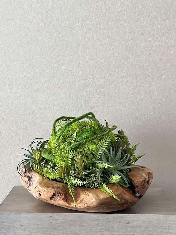 Faux succulents in natural teak wood bowl, Farmhouse accent decor on table, Fake succulent centerpiece, Artificial succulent garden