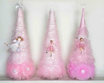 Pink Christmas cone tree 25", Tabletop tulle Christmas tree, Xmas pink ornaments, Pink Decor baby girls room