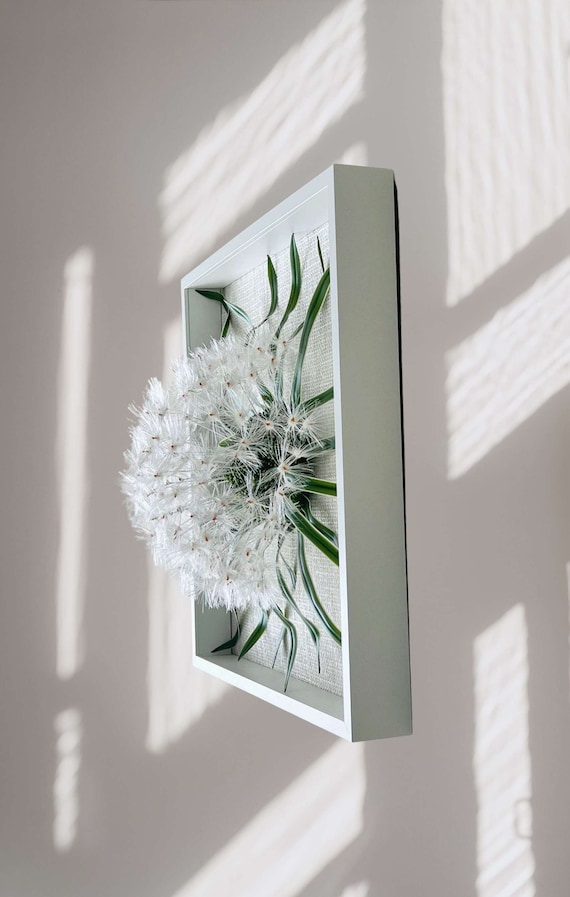 Dandelion flower wall art 3D, Modern white wall decoration 20.5"x20.5", Wall art framed