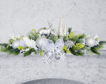Arreglo central de mesa de plata para Navidad, centro de mesa de Navidad con ciervo, decoración navideña larga