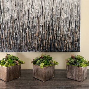 Può includere: Tre piccole piante grasse in vaso con foglie verdi in vasi di colore marrone testurizzato su una superficie di legno scuro davanti a un dipinto astratto in bianco e nero.