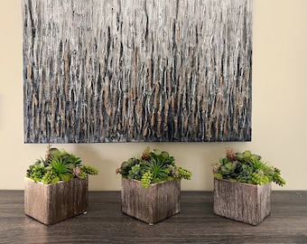 Faux succulent arrangement in ceramic pot, Small modern centerpiece, Copper and silver pot