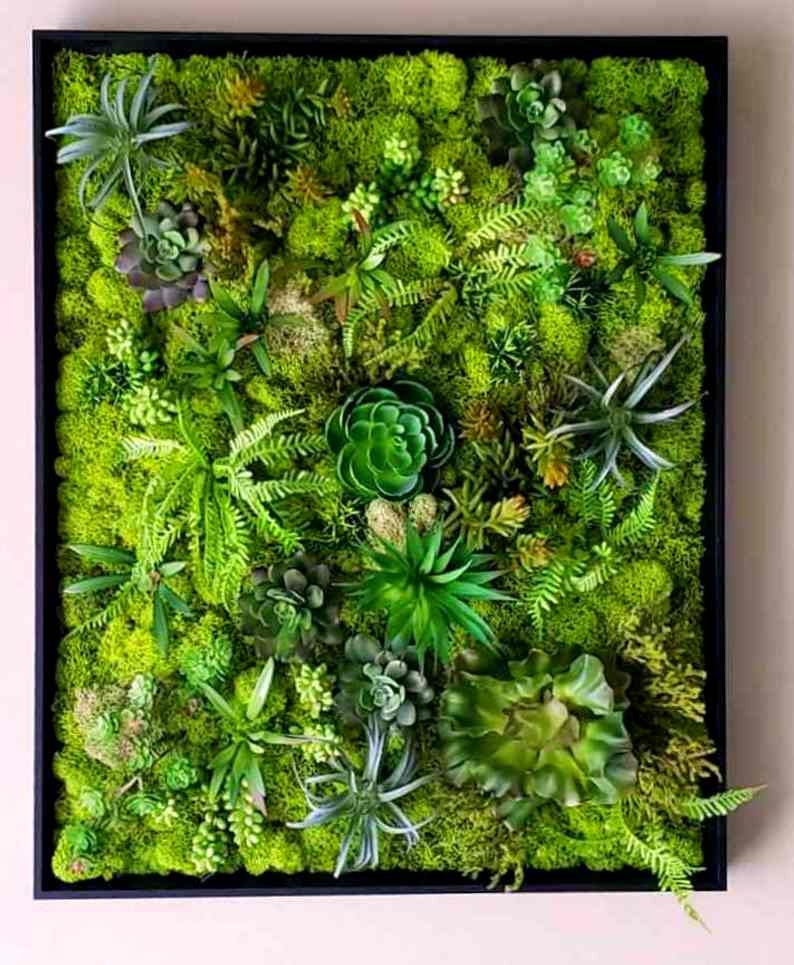 フェイク多肉植物苔壁アート、手作りプリザーブド苔壁画、苔絵黒