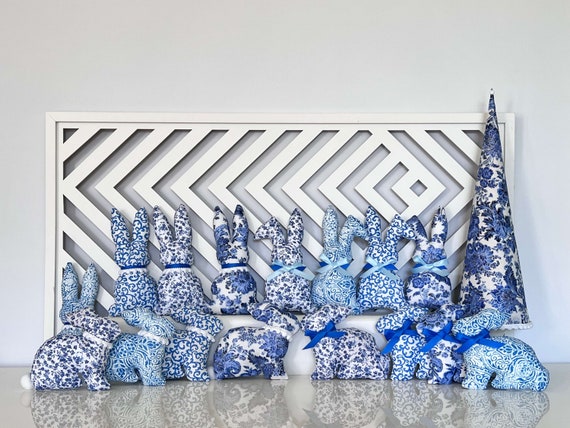 Chinoiserie Fabric Easter Bunny Decor, White and Blue Easter Fabric Bunny