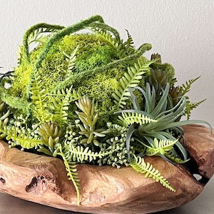 May include: A wooden bowl filled with a variety of green plants, including ferns, succulents, and moss.