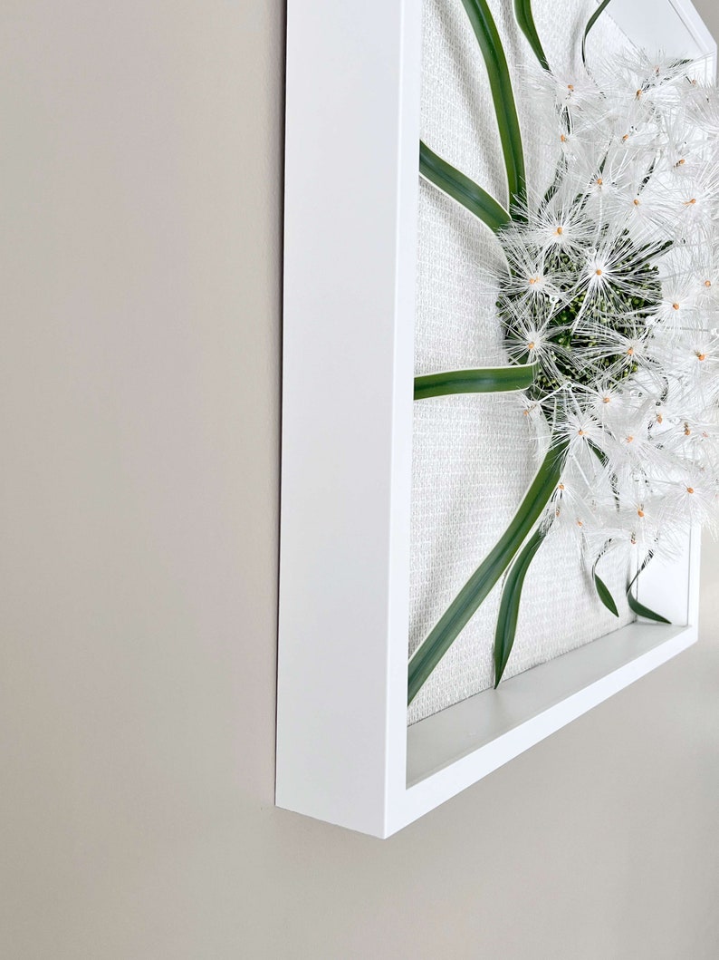 May include: A square wall art piece with a white dandelion and green leaves inside. The dandelion is in the centre of the frame and the leaves are spread out around it.
