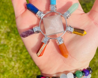 May include: A chakra crystal healing set with seven points, each representing a different chakra. The points are made of various crystals, including amethyst, tiger's eye, carnelian, red jasper, green aventurine, turquoise, and lapis lazuli. The set is arranged in a circle around a clear quartz crystal.