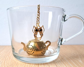 Infuseur à thé avec pendentif oiseau hibou en or pour feuilles de thé fraîches en vrac, cadeau amusant original personnel unique best-seller diamants gemmes