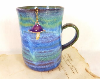 Tea Infuser with MUSHROOM pendant for fresh loose tea leaf, personalized unique original fun present gift high tea lover purple bestseller
