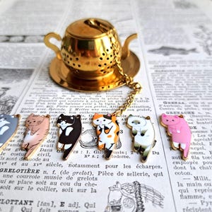 Può includere: Un infusore per tè a forma di teiera color oro con una catena, appoggiato su un piattino, e circondato da sei spille smaltate a forma di gatto. Le spille sono in vari colori e motivi, su una pagina di libro vintage.