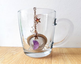 Thee-ei met Amethyst Cresent Moon Phase en sterbedels, natuurlijk kwartssteen, edelsteenhangerkristallen bolzeef mesh theehouder cadeau