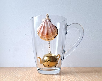 Tea infuser with real SHELL pendant with gold rim for fresh loose tea leaves, unique original gift for her mother tea lover valentine nature