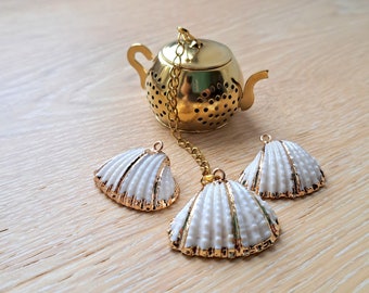 Tea infuser with natural SHELL pendant with gold decor for fresh loose tea leaves, unique original gift for her mothers day valentine cute